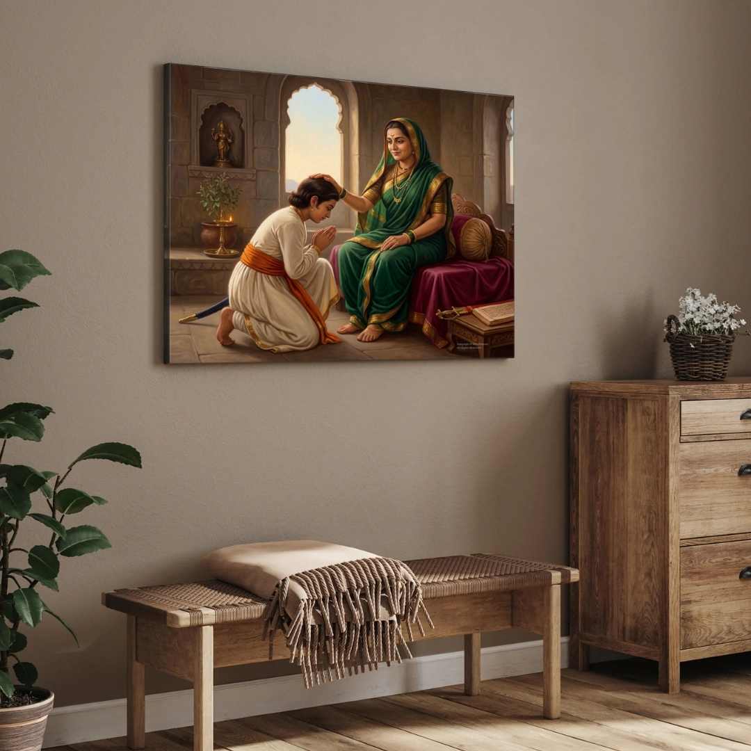 Chhatrapati Shivaji Maharaj and Rajmata Jijau Blessing Painting | Horizontal Black Framed Wall Art 3 : 2 Horizontal Premium Wall Art Canvas by MeriDeewar