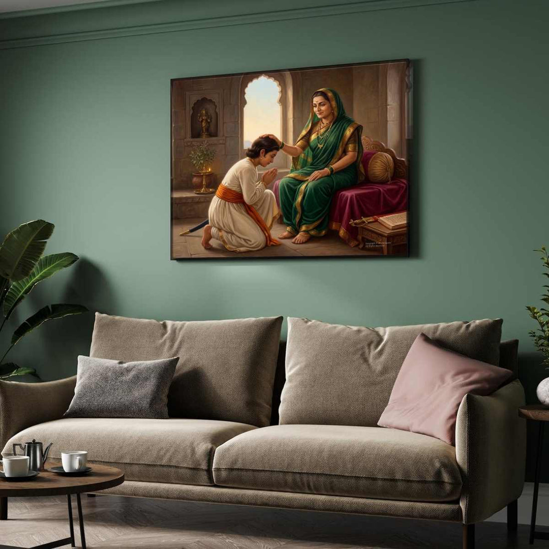 Chhatrapati Shivaji Maharaj and Rajmata Jijau Blessing Painting | Horizontal Black Framed Wall Art 3 : 2 Horizontal Premium Wall Art Canvas by MeriDeewar