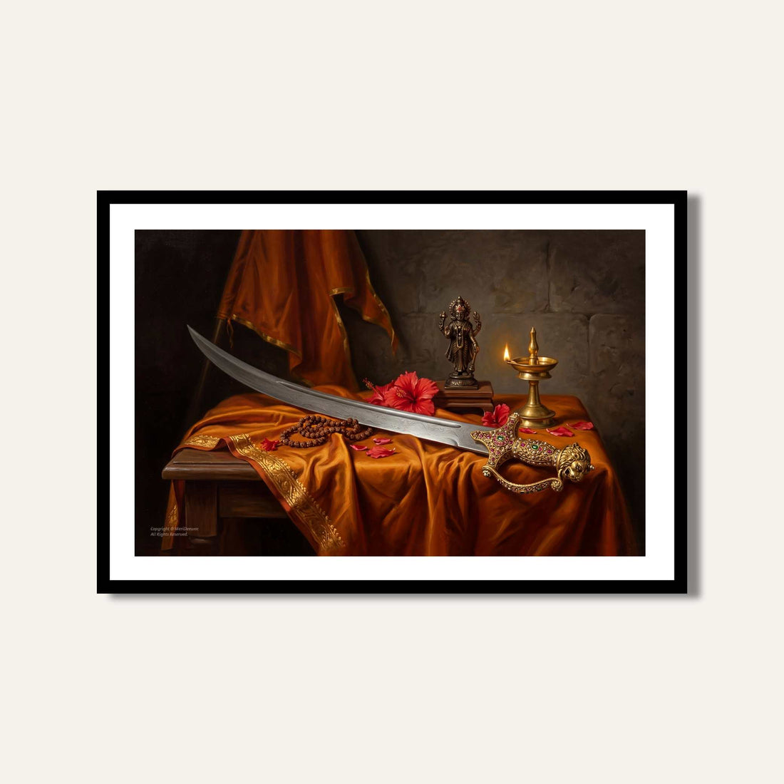 Chhatrapati Shivaji Maharaj Bhavani Talwar Painting | Horizontal Black Framed Wall Art 3 : 2 Horizontal Premium Wall Art Canvas by MeriDeewar