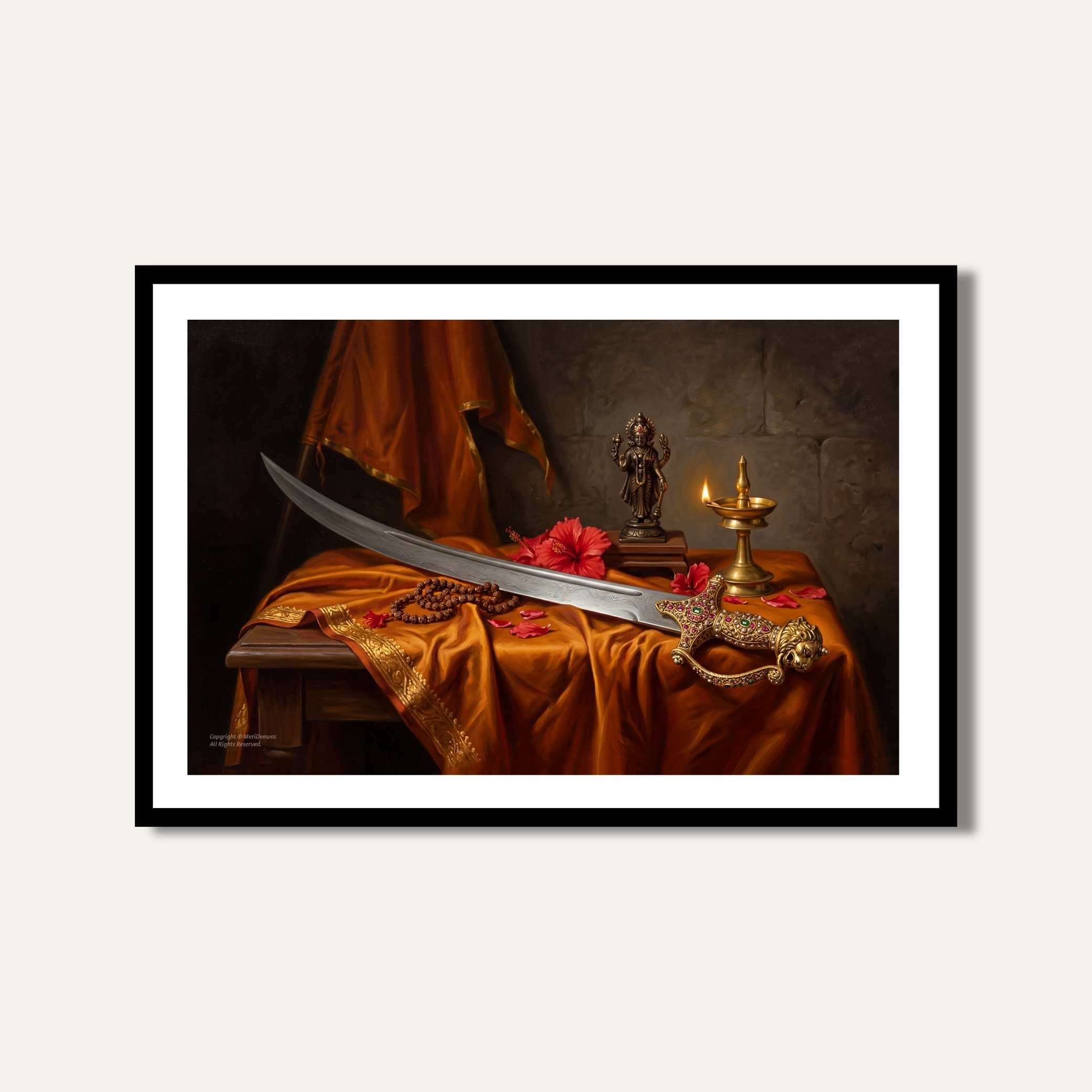 Chhatrapati Shivaji Maharaj Bhavani Talwar Painting | Horizontal Black Framed Wall Art 3 : 2 Horizontal Premium Wall Art Canvas by MeriDeewar