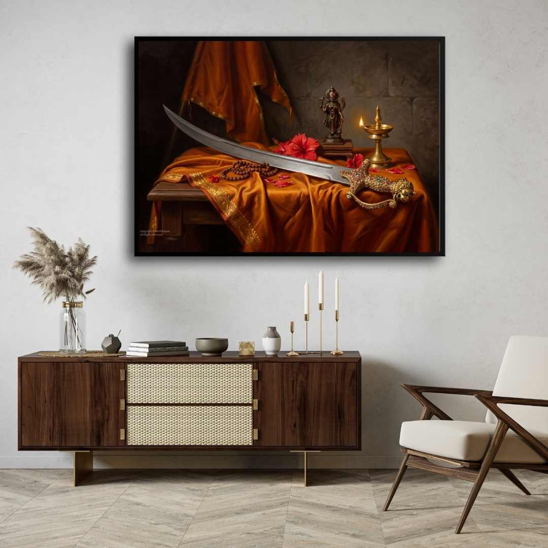 Chhatrapati Shivaji Maharaj Bhavani Talwar Painting | Horizontal Black Framed Wall Art 3 : 2 Horizontal Premium Wall Art Canvas by MeriDeewar