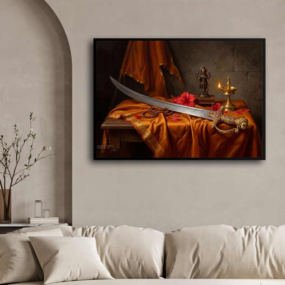 Chhatrapati Shivaji Maharaj Bhavani Talwar Painting | Horizontal Black Framed Wall Art 3 : 2 Horizontal Premium Wall Art Canvas by MeriDeewar
