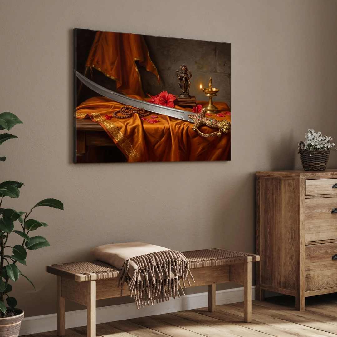Chhatrapati Shivaji Maharaj Bhavani Talwar Painting | Horizontal Black Framed Wall Art 3 : 2 Horizontal Premium Wall Art Canvas by MeriDeewar