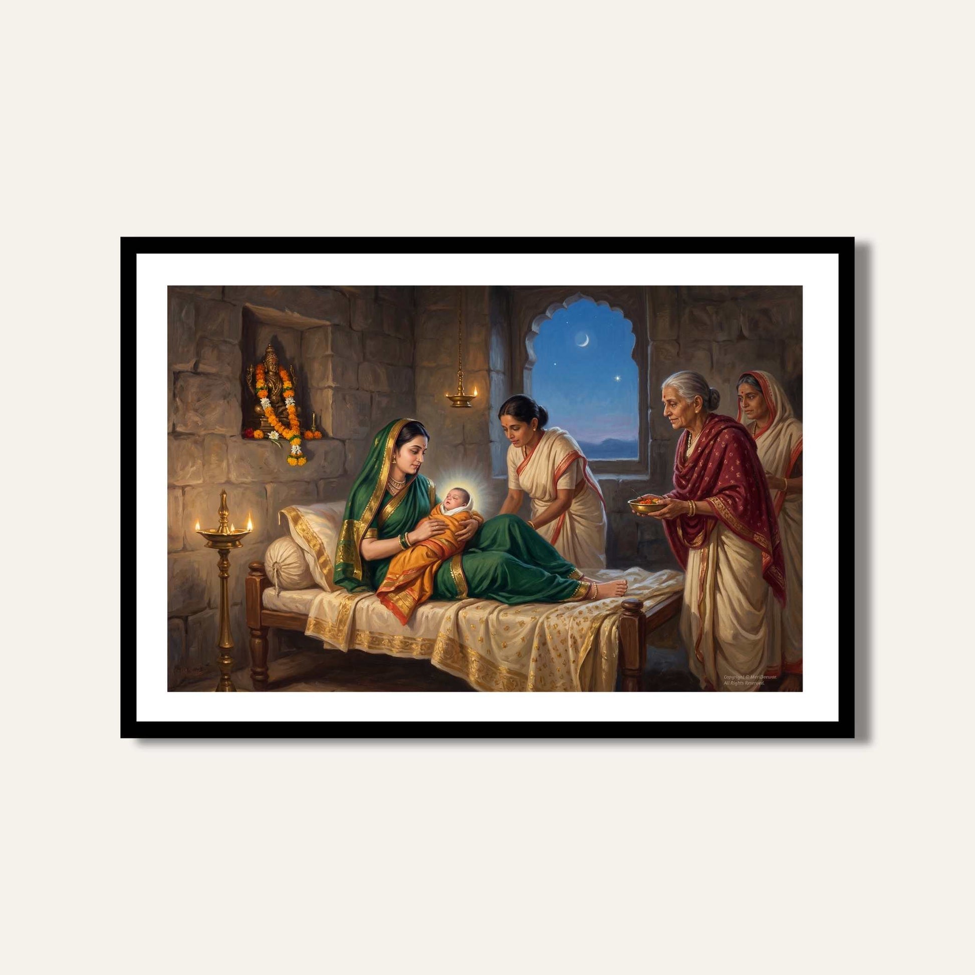 Chhatrapati Shivaji Maharaj Birth at Shivneri Fort Painting | Horizontal Black Framed Wall Art 3 : 2 Horizontal Premium Wall Art Canvas by MeriDeewar