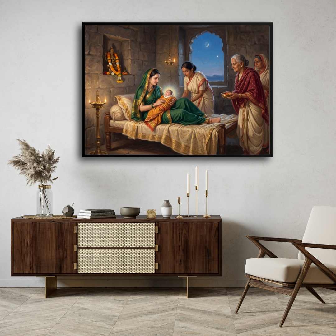 Chhatrapati Shivaji Maharaj Birth at Shivneri Fort Painting | Horizontal Black Framed Wall Art 3 : 2 Horizontal Premium Wall Art Canvas by MeriDeewar