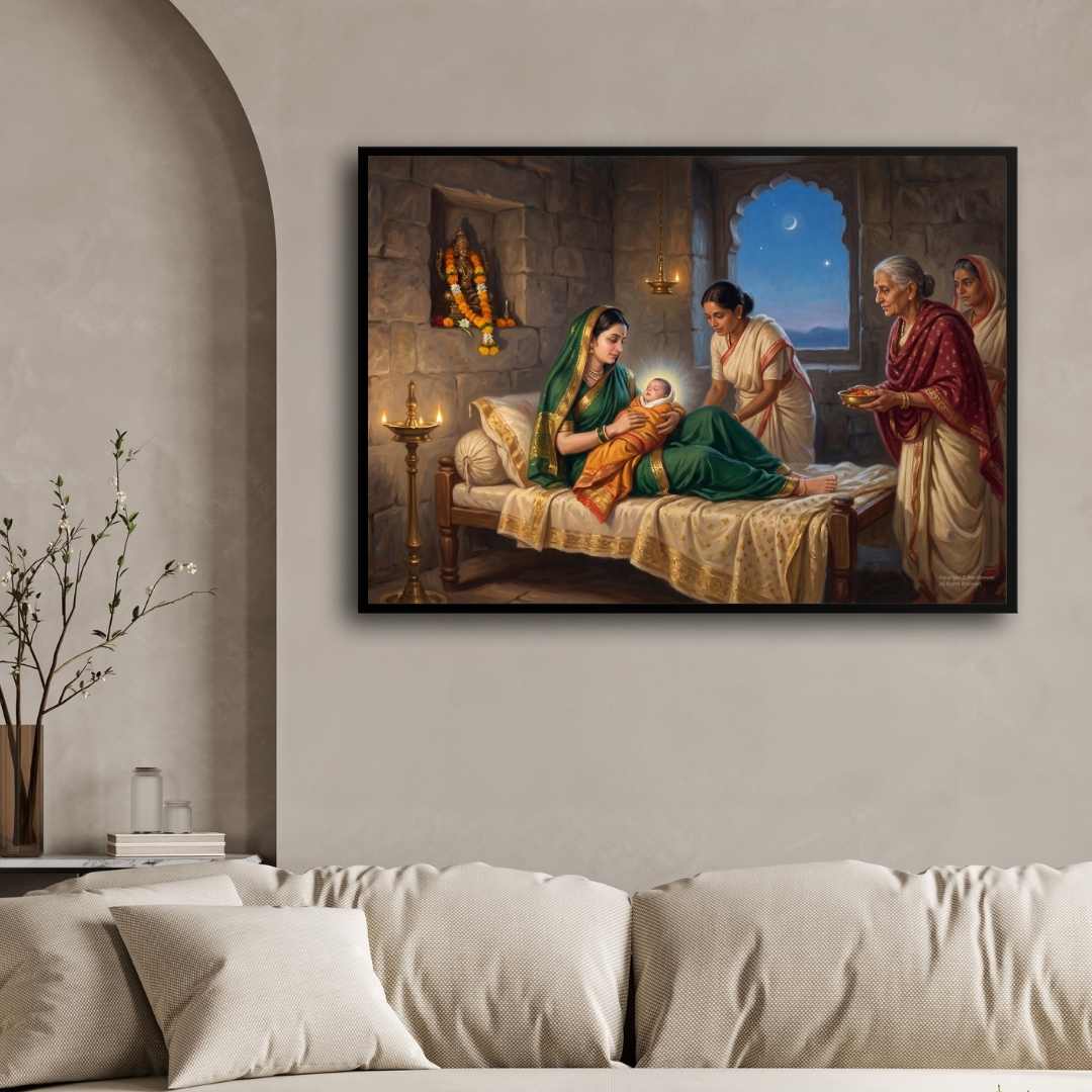 Chhatrapati Shivaji Maharaj Birth at Shivneri Fort Painting | Horizontal Black Framed Wall Art 3 : 2 Horizontal Premium Wall Art Canvas by MeriDeewar