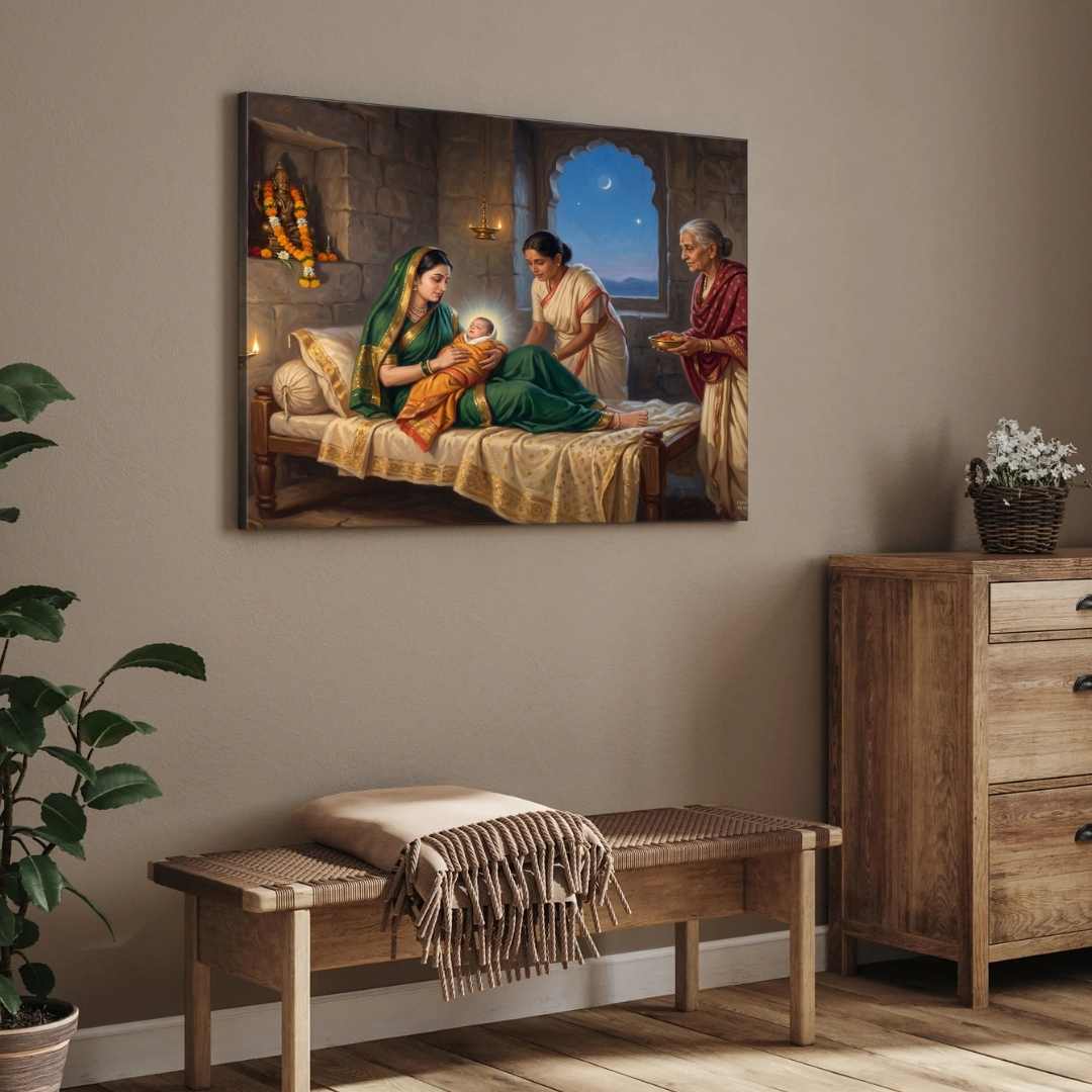 Chhatrapati Shivaji Maharaj Birth at Shivneri Fort Painting | Horizontal Black Framed Wall Art 3 : 2 Horizontal Premium Wall Art Canvas by MeriDeewar