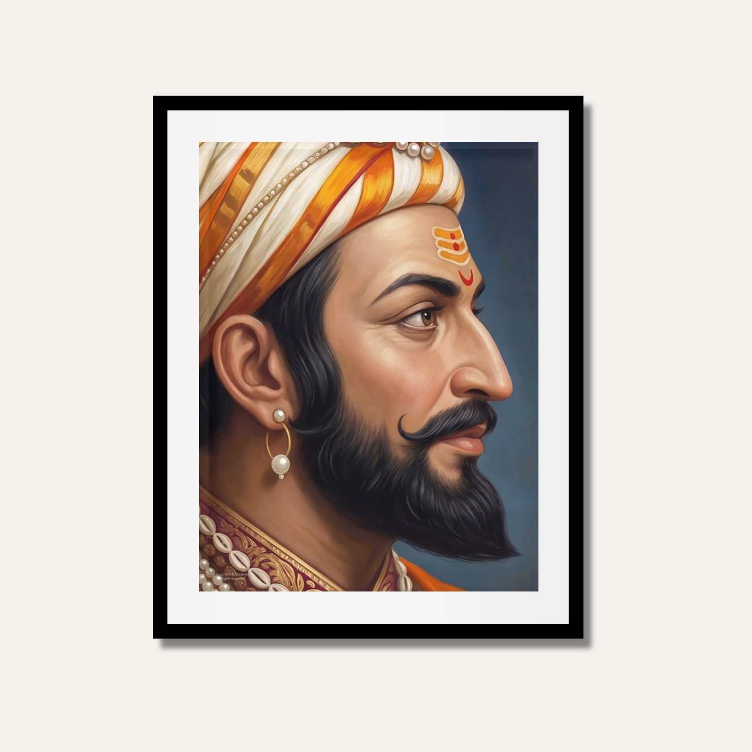 Chhatrapati Shivaji Maharaj Classic Close-Up Profile Portrait Painting | Vertical Maratha Heritage Black Framed Wall Art 3 : 4 Vertical Premium Wall Art Canvas by MeriDeewar