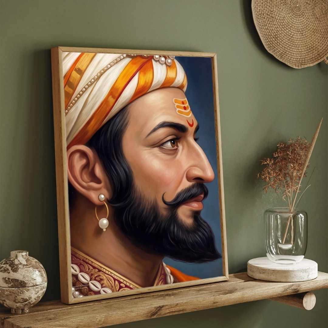 Chhatrapati Shivaji Maharaj Classic Close-Up Profile Portrait Painting | Vertical Maratha Heritage Black Framed Wall Art 3 : 4 Vertical Premium Wall Art Canvas by MeriDeewar