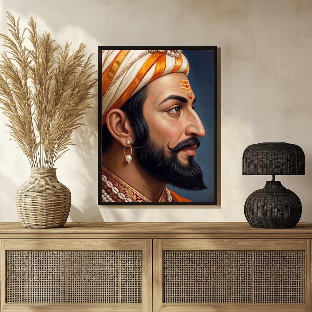 Chhatrapati Shivaji Maharaj Classic Close-Up Profile Portrait Painting | Vertical Maratha Heritage Black Framed Wall Art 3 : 4 Vertical Premium Wall Art Canvas by MeriDeewar