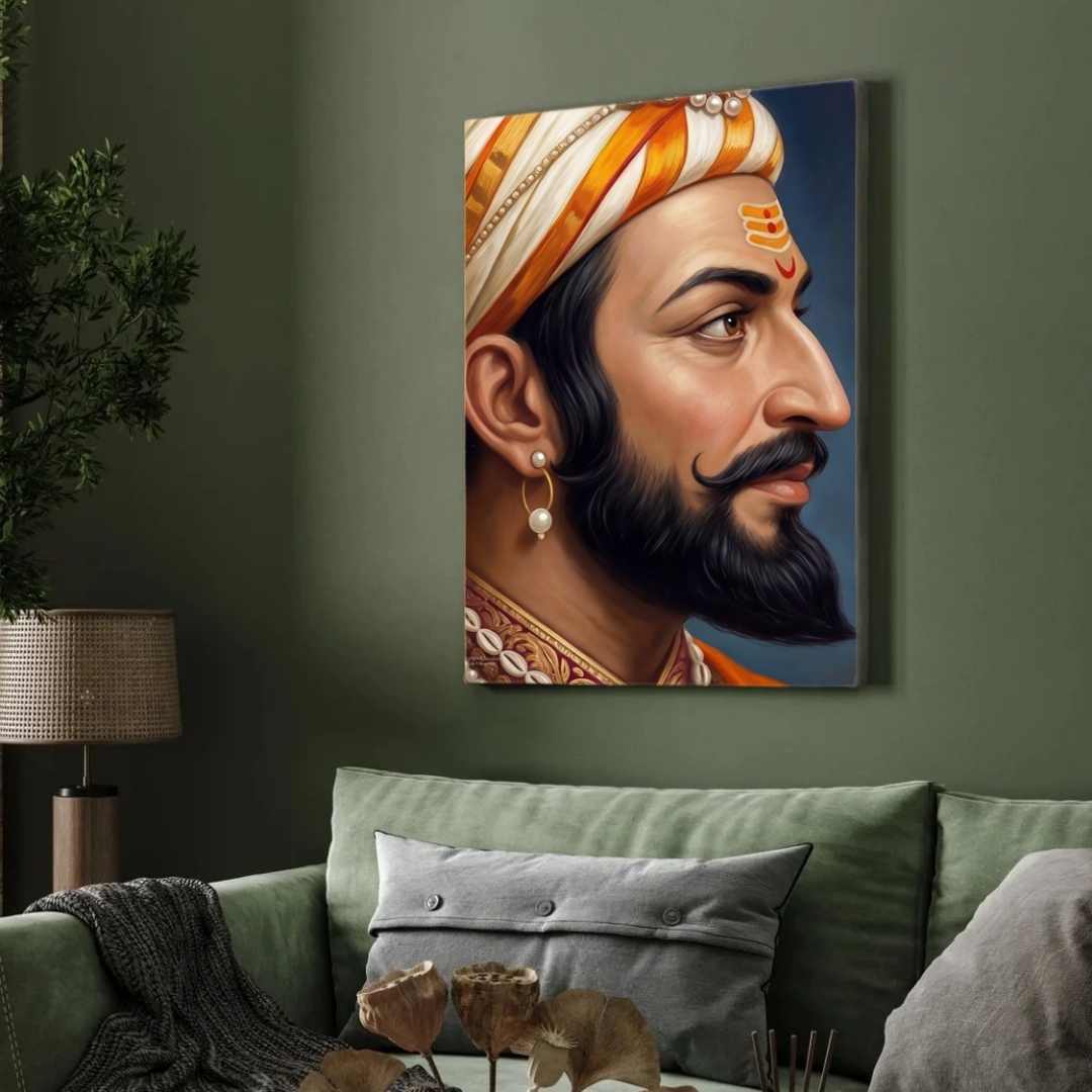Chhatrapati Shivaji Maharaj Classic Close-Up Profile Portrait Painting | Vertical Maratha Heritage Black Framed Wall Art 3 : 4 Vertical Premium Wall Art Canvas by MeriDeewar