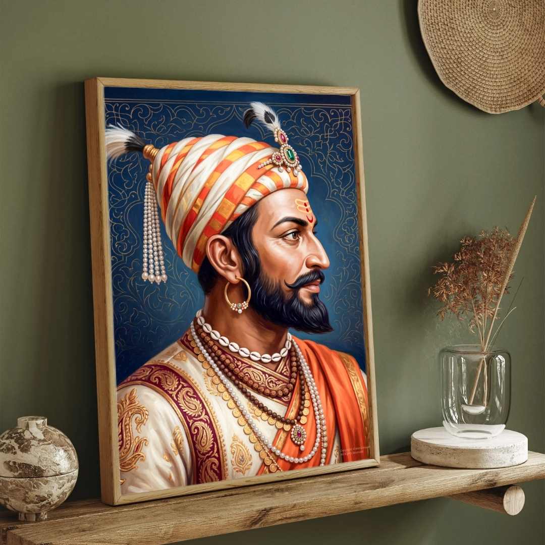 Chhatrapati Shivaji Maharaj Classic Profile Portrait Painting | Vertical Black Framed Wall Art 3 : 4 Vertical Premium Wall Art Canvas by MeriDeewar