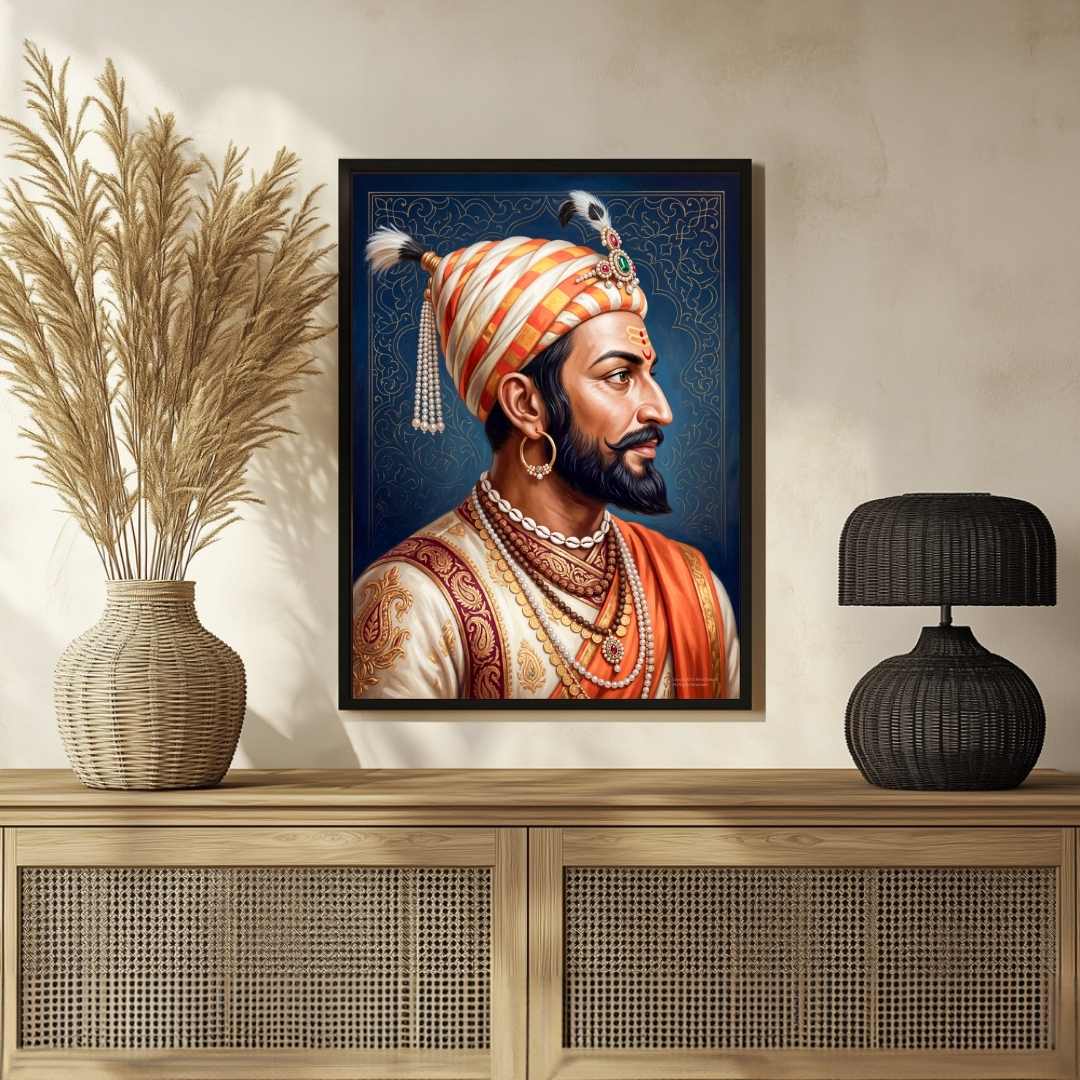 Chhatrapati Shivaji Maharaj Classic Profile Portrait Painting | Vertical Black Framed Wall Art 3 : 4 Vertical Premium Wall Art Canvas by MeriDeewar
