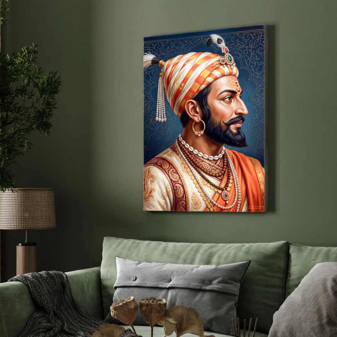 Chhatrapati Shivaji Maharaj Classic Profile Portrait Painting | Vertical Black Framed Wall Art 3 : 4 Vertical Premium Wall Art Canvas by MeriDeewar