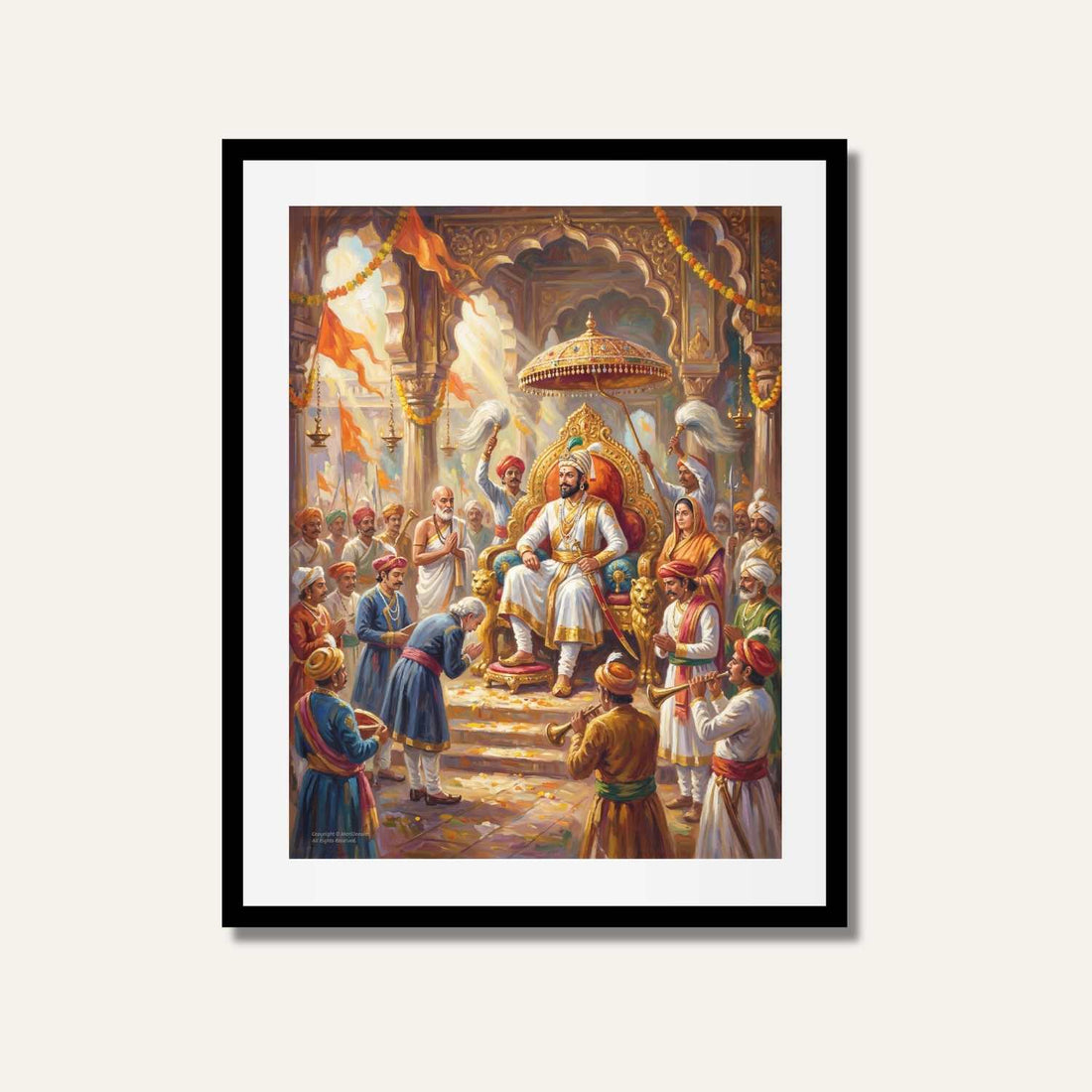 Chhatrapati Shivaji Maharaj Coronation Rajyabhishek Painting | Vertical Maratha Heritage Black Framed Wall Art 3 : 4 Vertical Premium Wall Art Canvas by MeriDeewar