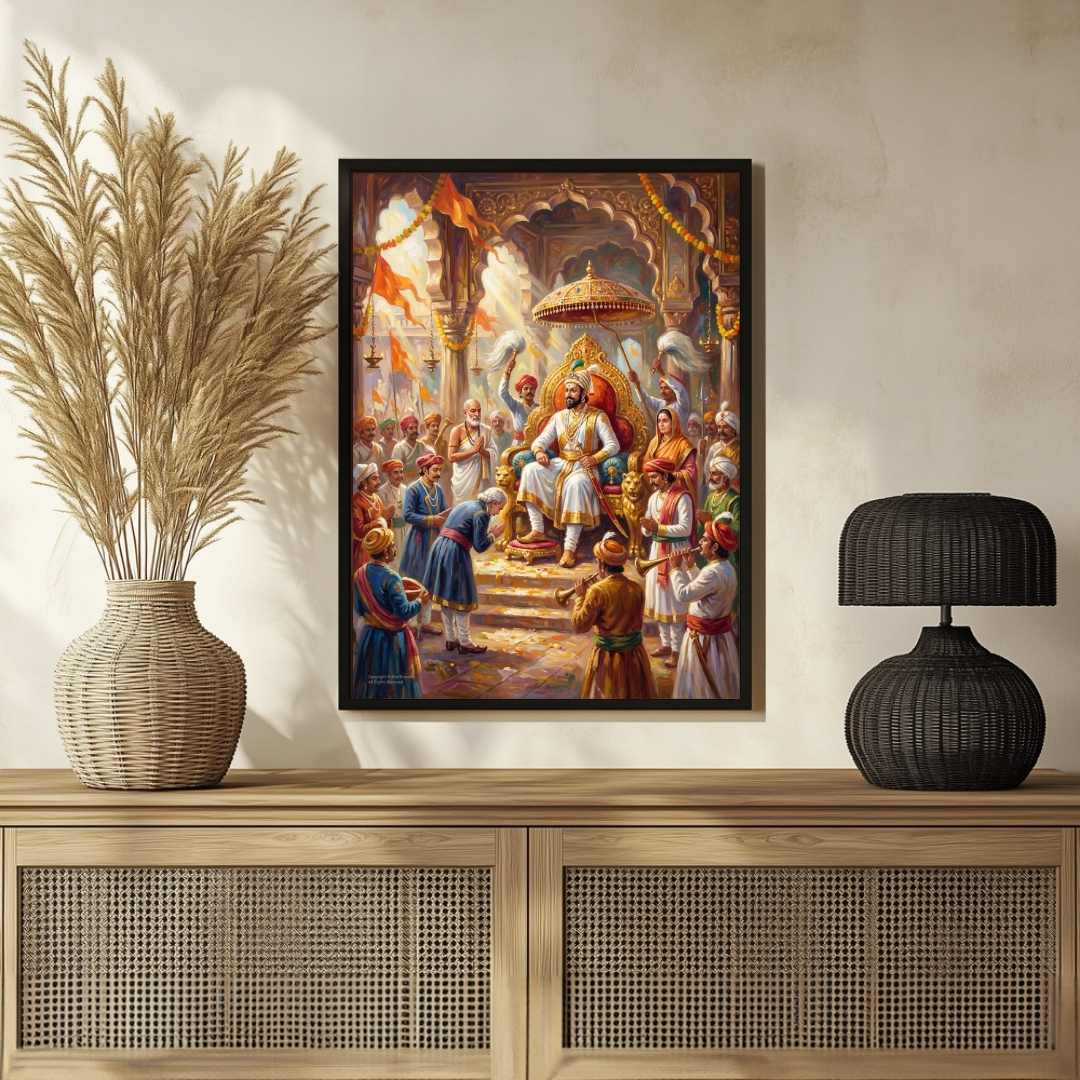 Chhatrapati Shivaji Maharaj Coronation Rajyabhishek Painting | Vertical Maratha Heritage Black Framed Wall Art 3 : 4 Vertical Premium Wall Art Canvas by MeriDeewar