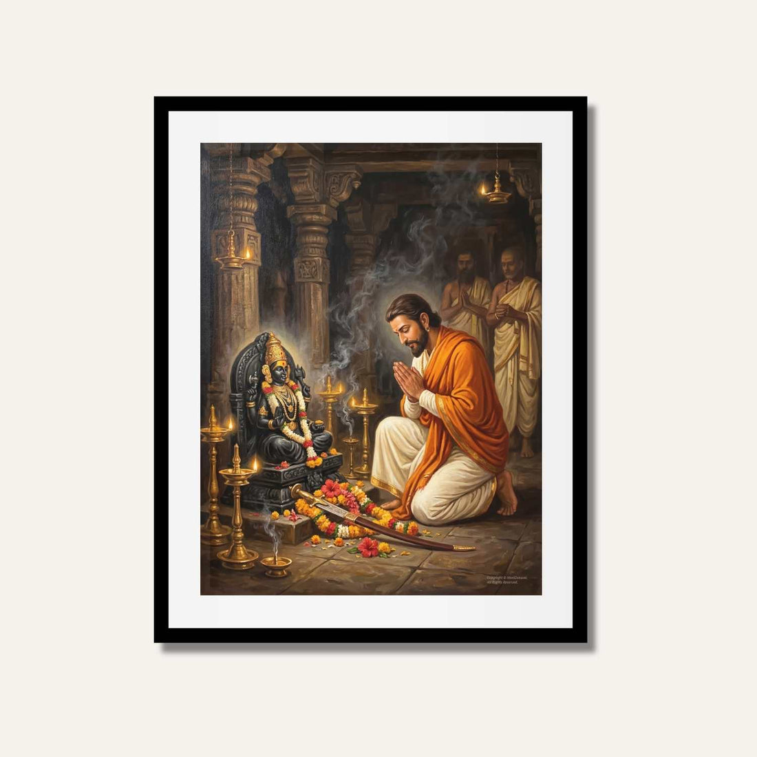 Chhatrapati Shivaji Maharaj Devotion to Goddess Bhavani Painting | Vertical Black Framed Wall Art 3 : 4 Vertical Premium Wall Art Canvas by MeriDeewar