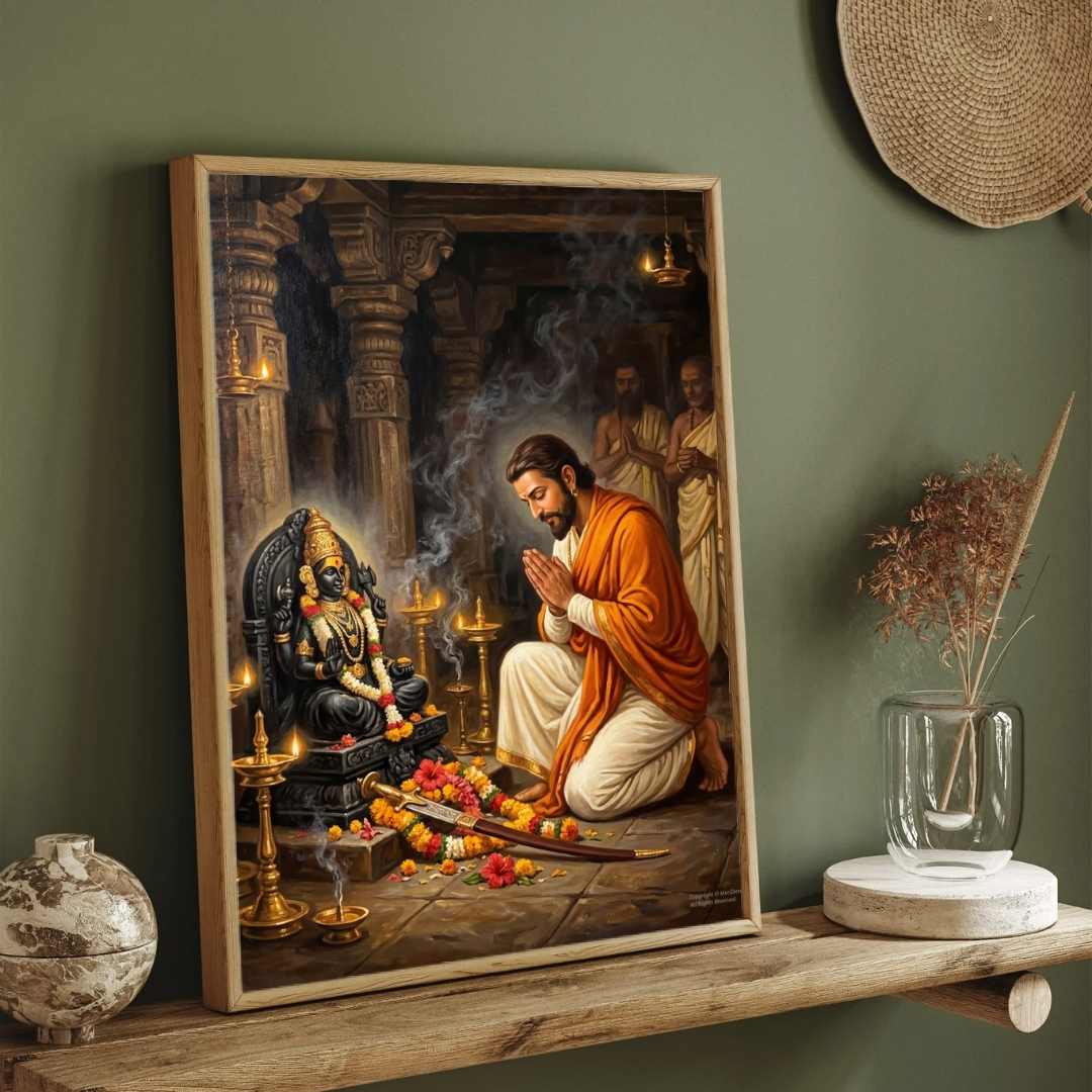 Chhatrapati Shivaji Maharaj Devotion to Goddess Bhavani Painting | Vertical Black Framed Wall Art 3 : 4 Vertical Premium Wall Art Canvas by MeriDeewar