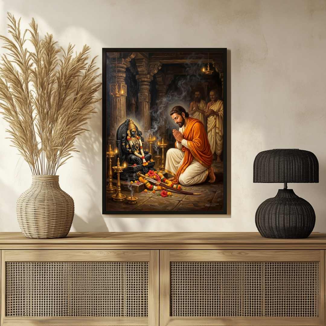 Chhatrapati Shivaji Maharaj Devotion to Goddess Bhavani Painting | Vertical Black Framed Wall Art 3 : 4 Vertical Premium Wall Art Canvas by MeriDeewar
