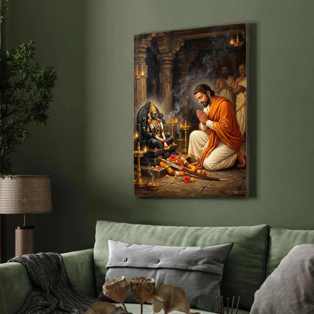 Chhatrapati Shivaji Maharaj Devotion to Goddess Bhavani Painting | Vertical Black Framed Wall Art 3 : 4 Vertical Premium Wall Art Canvas by MeriDeewar