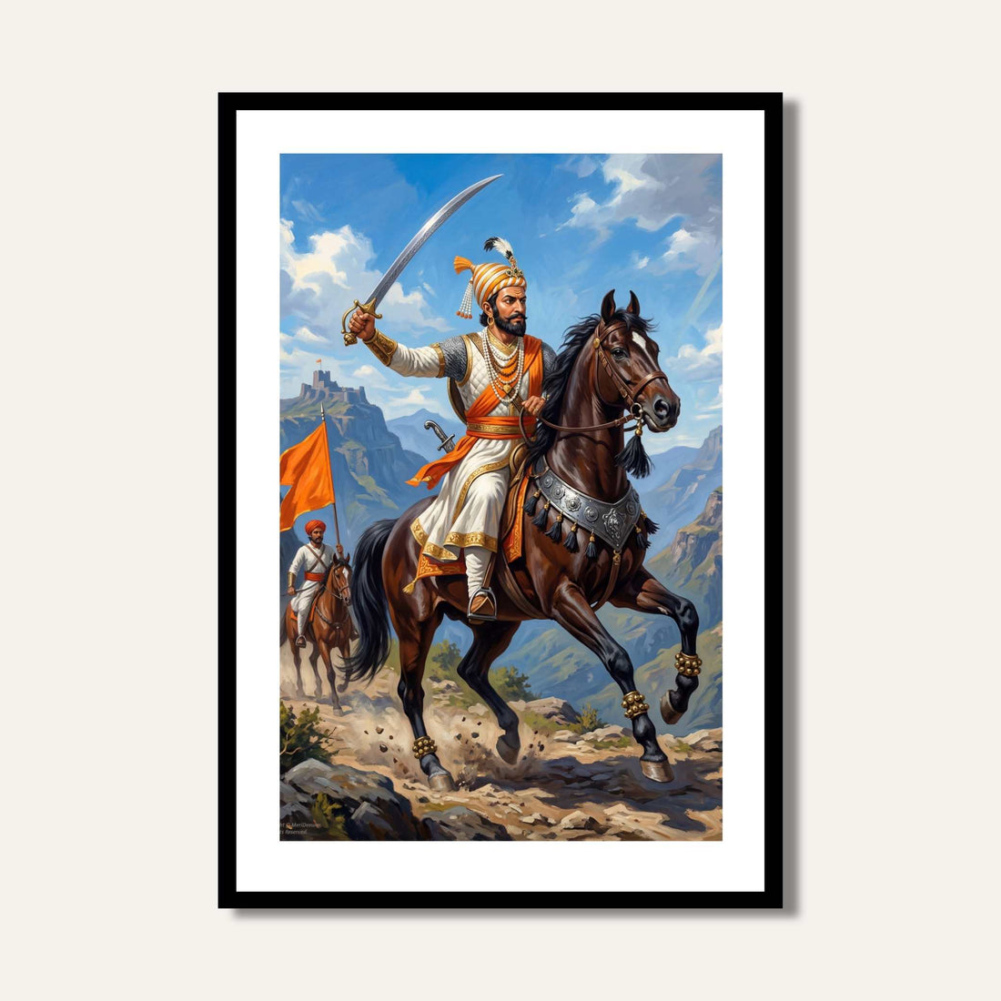 Chhatrapati Shivaji Maharaj Equestrian Battlefield Painting | Vertical Black Framed Wall Art 2 : 3 Vertical Premium Wall Art Canvas by MeriDeewar