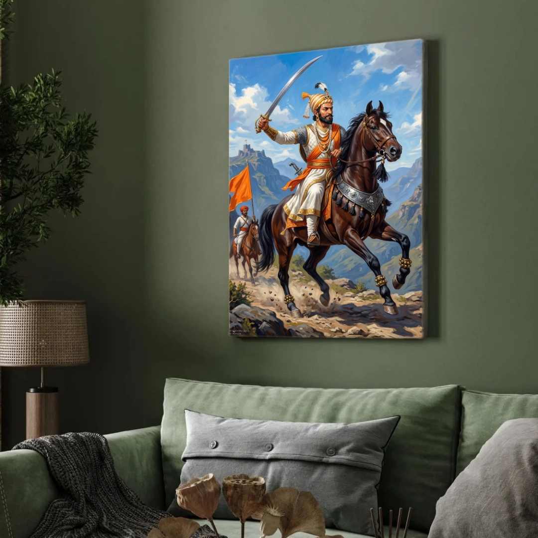 Chhatrapati Shivaji Maharaj Equestrian Battlefield Painting | Vertical Black Framed Wall Art 2 : 3 Vertical Premium Wall Art Canvas by MeriDeewar