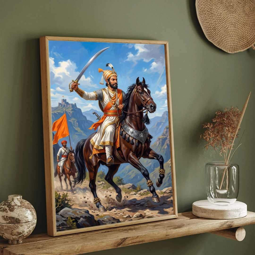 Chhatrapati Shivaji Maharaj Equestrian Battlefield Painting | Vertical Black Framed Wall Art 2 : 3 Vertical Premium Wall Art Canvas by MeriDeewar