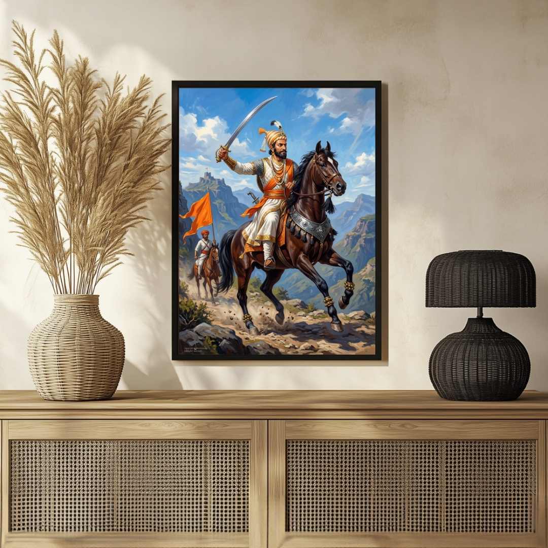 Chhatrapati Shivaji Maharaj Equestrian Battlefield Painting | Vertical Black Framed Wall Art 2 : 3 Vertical Premium Wall Art Canvas by MeriDeewar