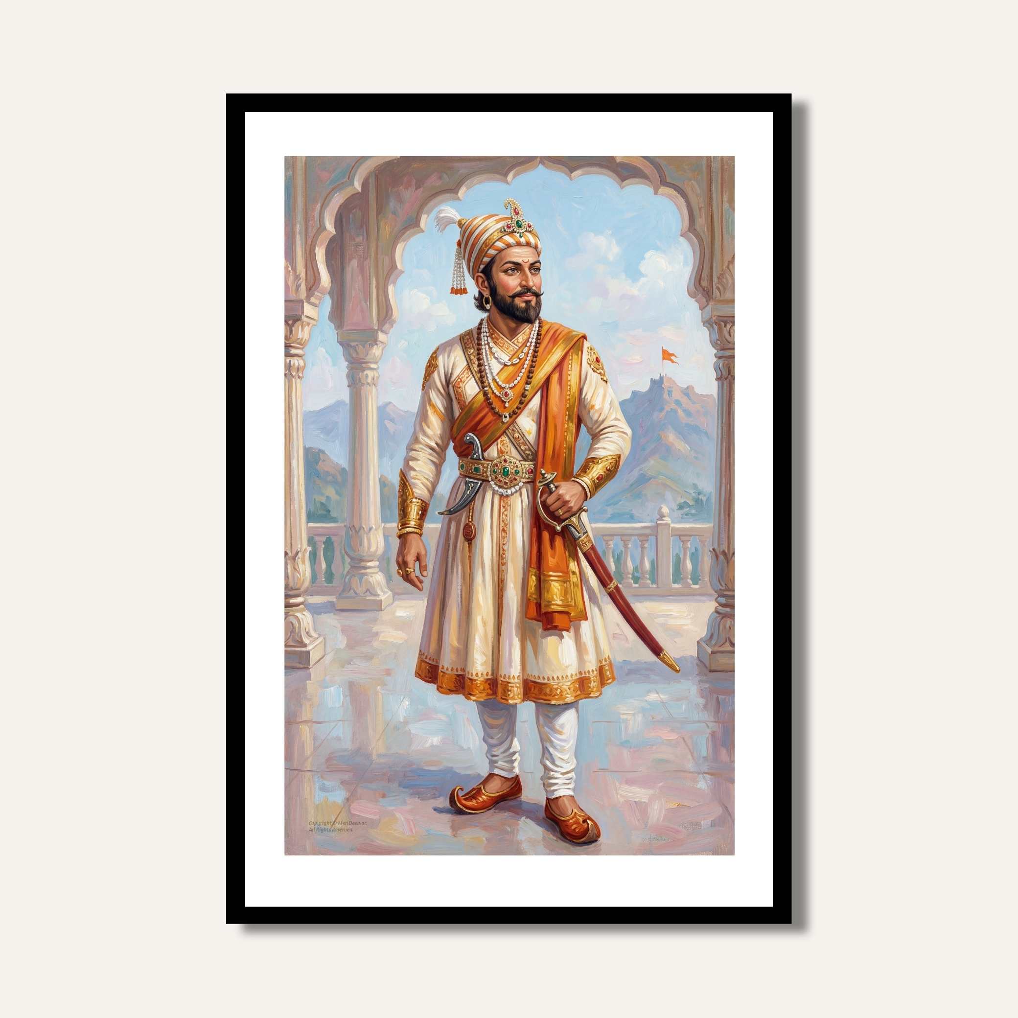 Chhatrapati Shivaji Maharaj Full-Length Portrait Painting | Vertical Black Framed Wall Art 2 : 3 Vertical Premium Wall Art Canvas by MeriDeewar