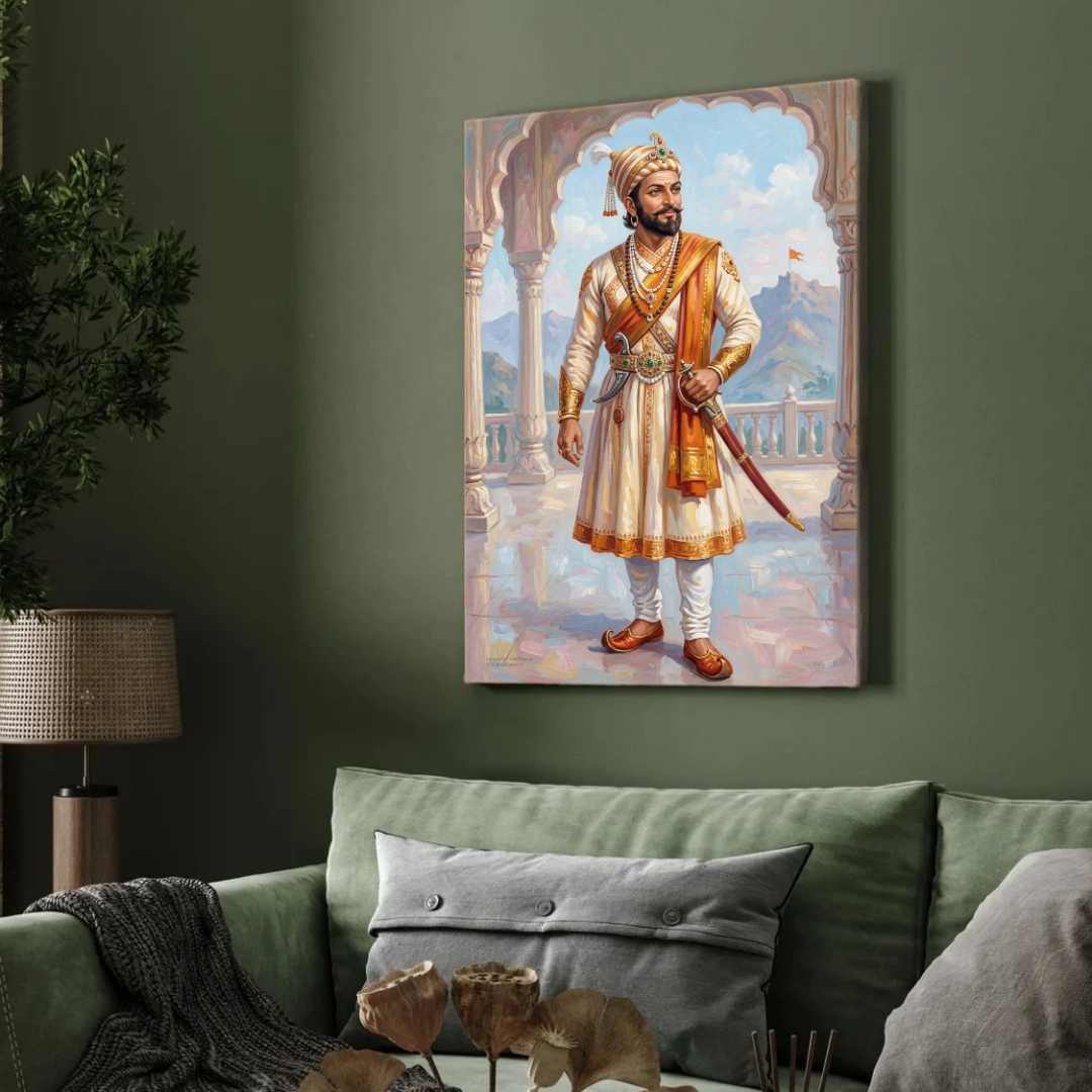 Chhatrapati Shivaji Maharaj Full-Length Portrait Painting | Vertical Black Framed Wall Art 2 : 3 Vertical Premium Wall Art Canvas by MeriDeewar