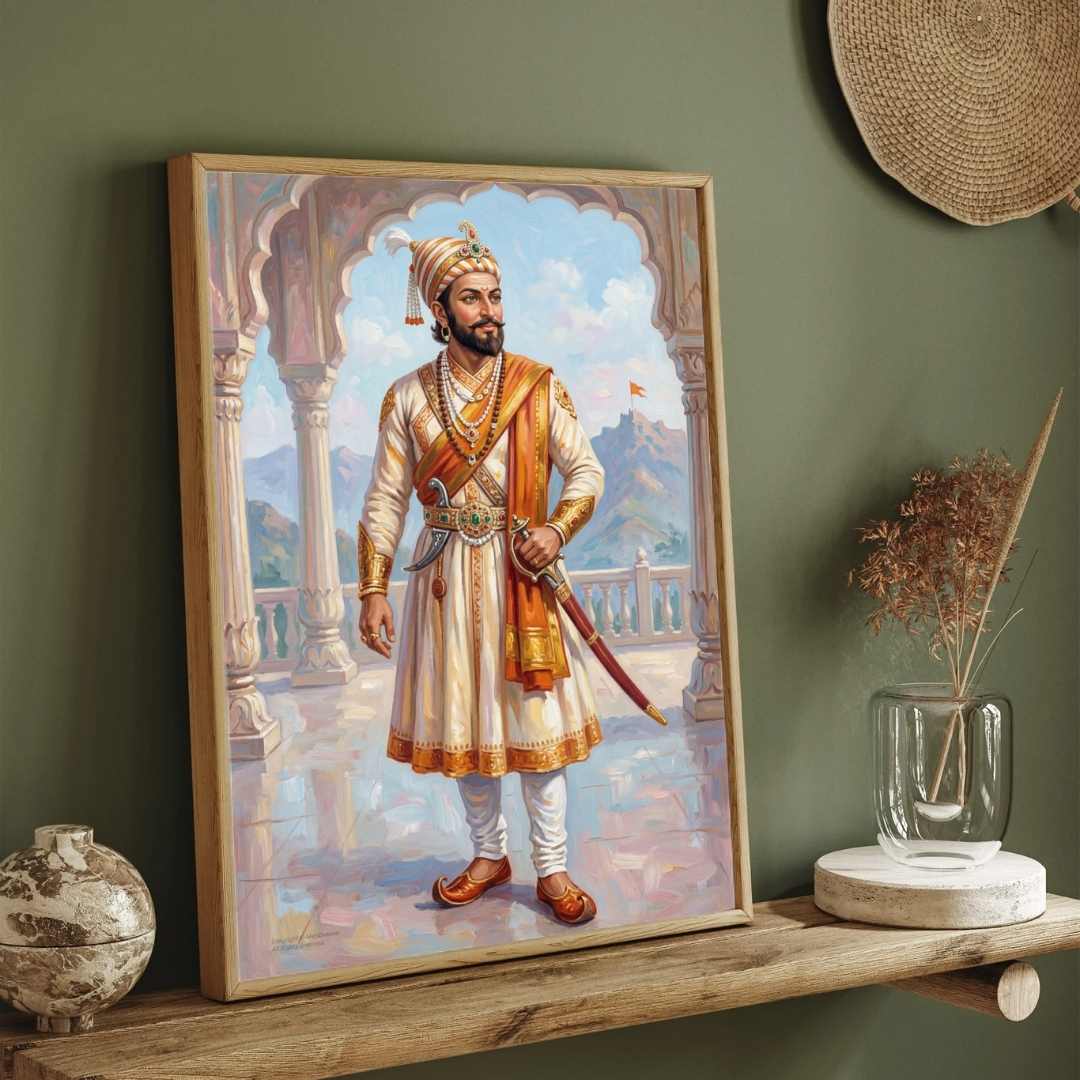Chhatrapati Shivaji Maharaj Full-Length Portrait Painting | Vertical Black Framed Wall Art 2 : 3 Vertical Premium Wall Art Canvas by MeriDeewar