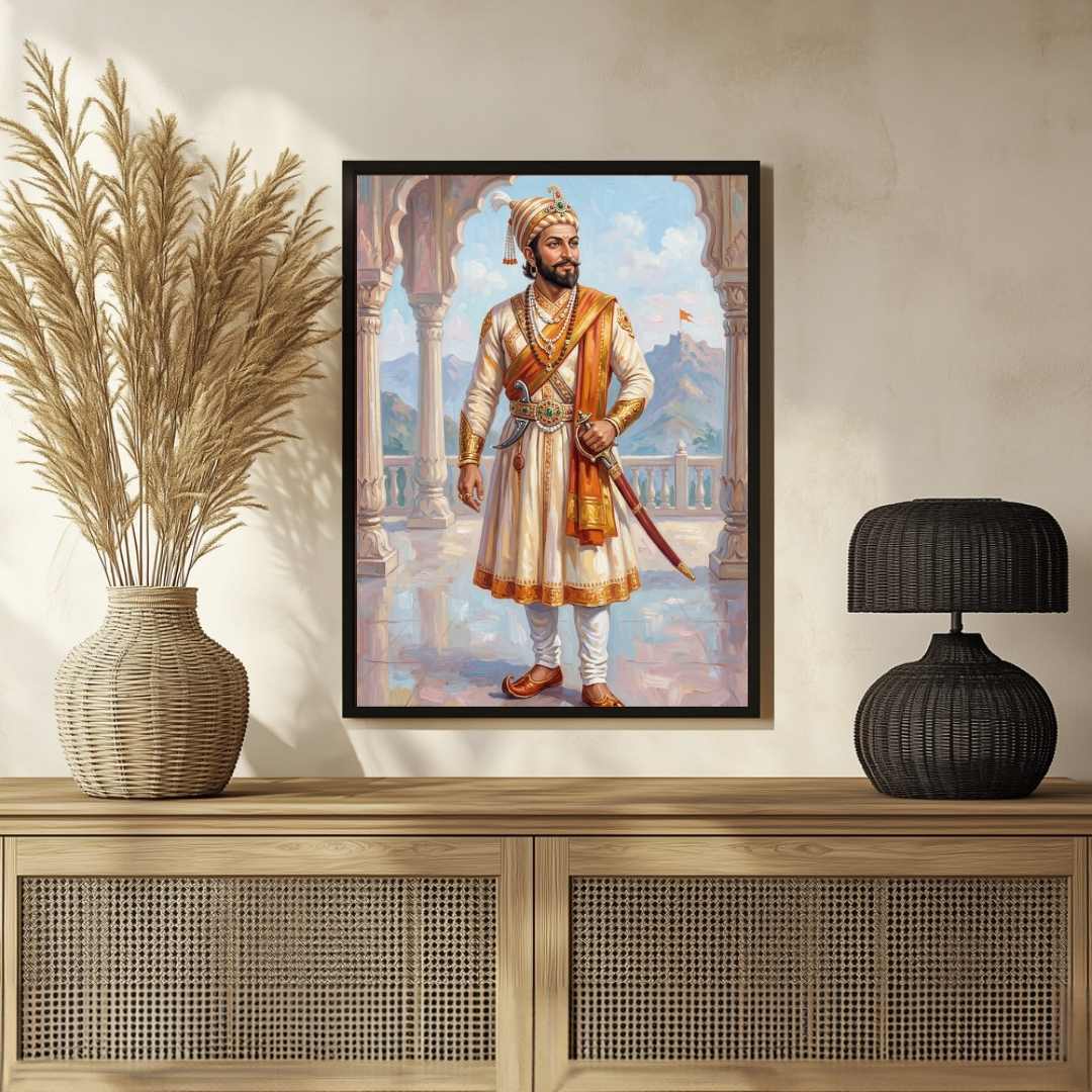 Chhatrapati Shivaji Maharaj Full-Length Portrait Painting | Vertical Black Framed Wall Art 2 : 3 Vertical Premium Wall Art Canvas by MeriDeewar