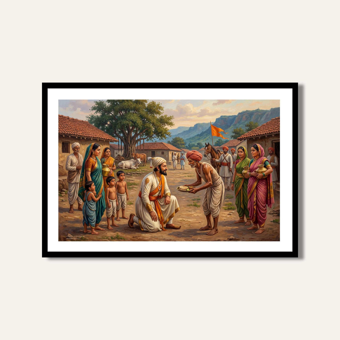 Chhatrapati Shivaji Maharaj in Village Folk Painting | Horizontal  Black Framed Wall Art 3 : 2 Horizontal Premium Wall Art Canvas by MeriDeewar