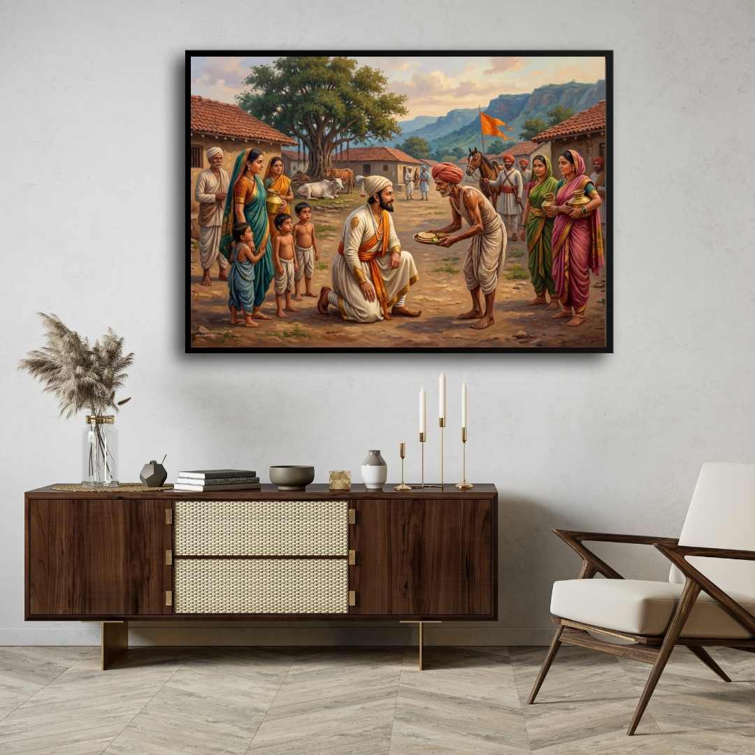 Chhatrapati Shivaji Maharaj in Village Folk Painting | Horizontal  Black Framed Wall Art 3 : 2 Horizontal Premium Wall Art Canvas by MeriDeewar
