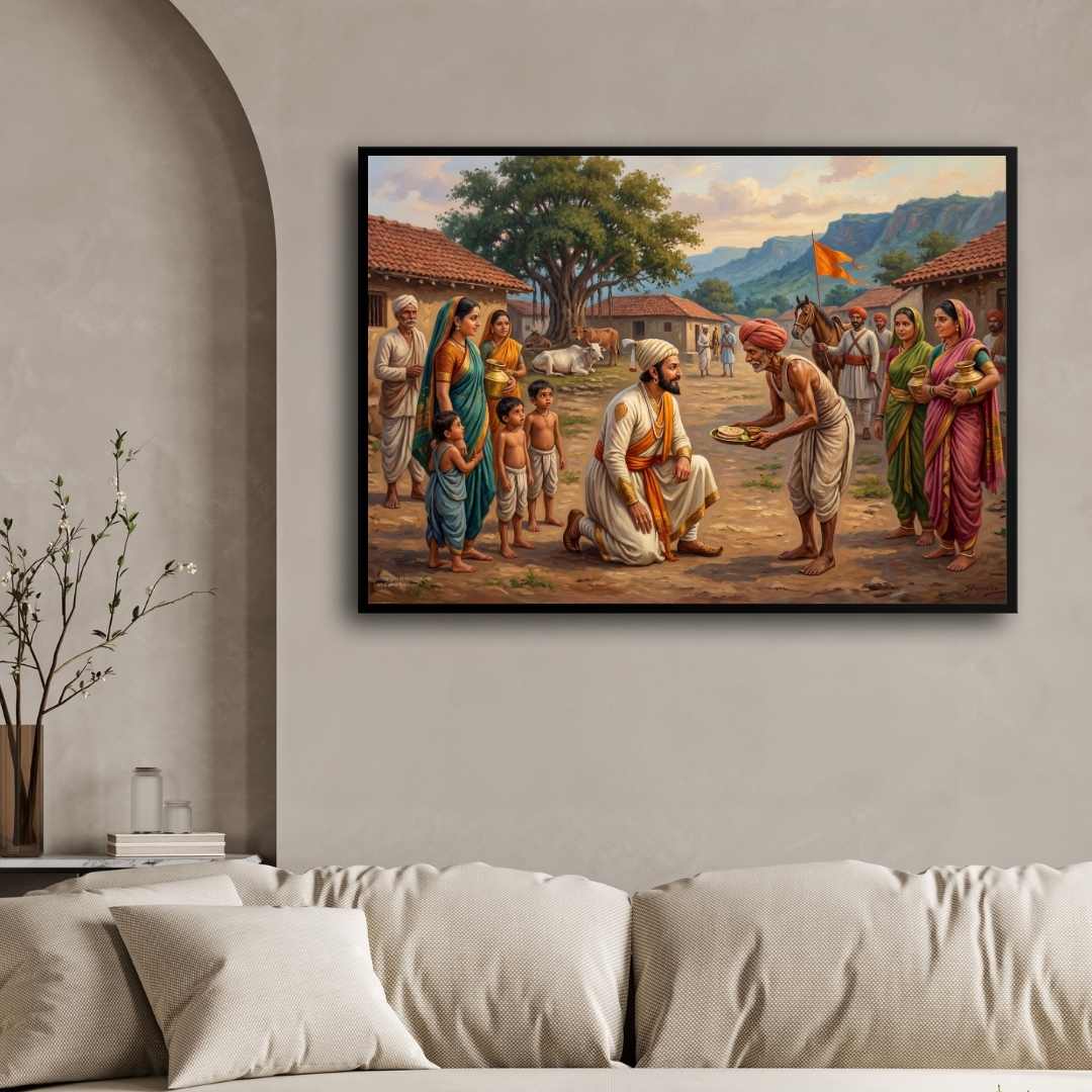 Chhatrapati Shivaji Maharaj in Village Folk Painting | Horizontal  Black Framed Wall Art 3 : 2 Horizontal Premium Wall Art Canvas by MeriDeewar