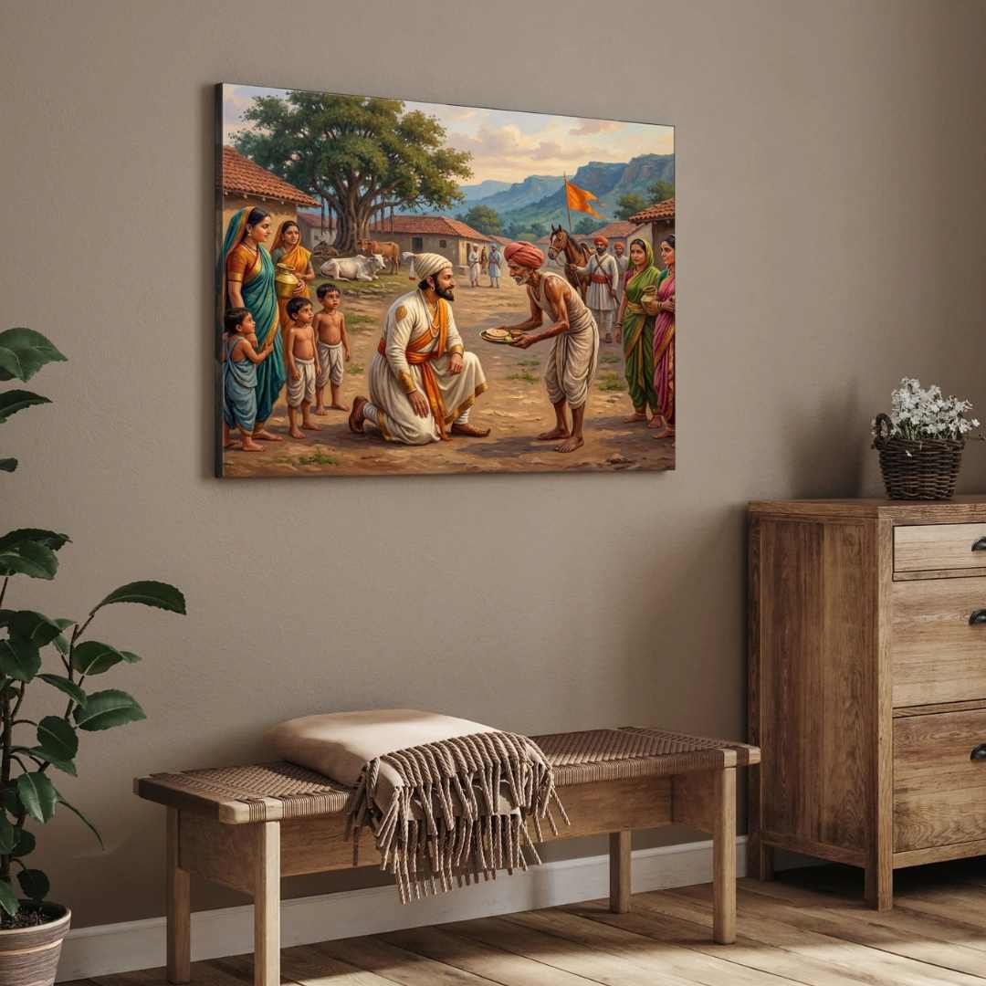 Chhatrapati Shivaji Maharaj in Village Folk Painting | Horizontal  Black Framed Wall Art 3 : 2 Horizontal Premium Wall Art Canvas by MeriDeewar