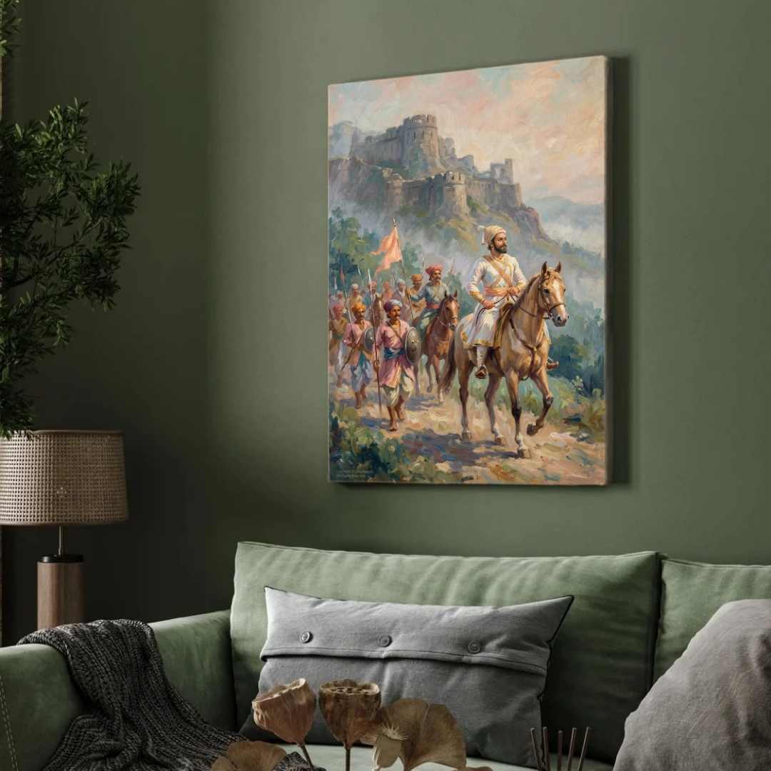 Chhatrapati Shivaji Maharaj Leading Maratha Army from Hill Fort Painting | Vertical Black Framed Wall Art 2 : 3 Vertical Premium Wall Art Canvas by MeriDeewar