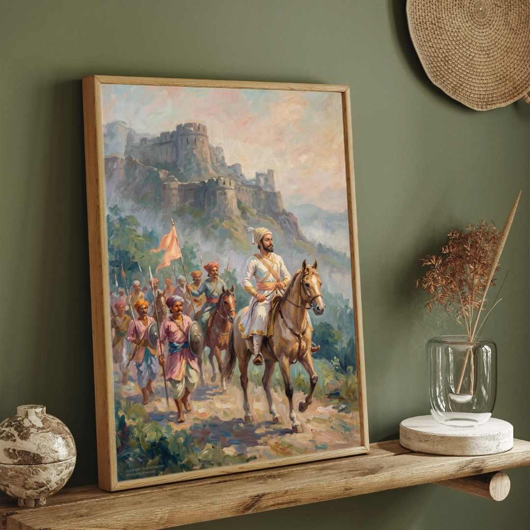 Chhatrapati Shivaji Maharaj Leading Maratha Army from Hill Fort Painting | Vertical Black Framed Wall Art 2 : 3 Vertical Premium Wall Art Canvas by MeriDeewar