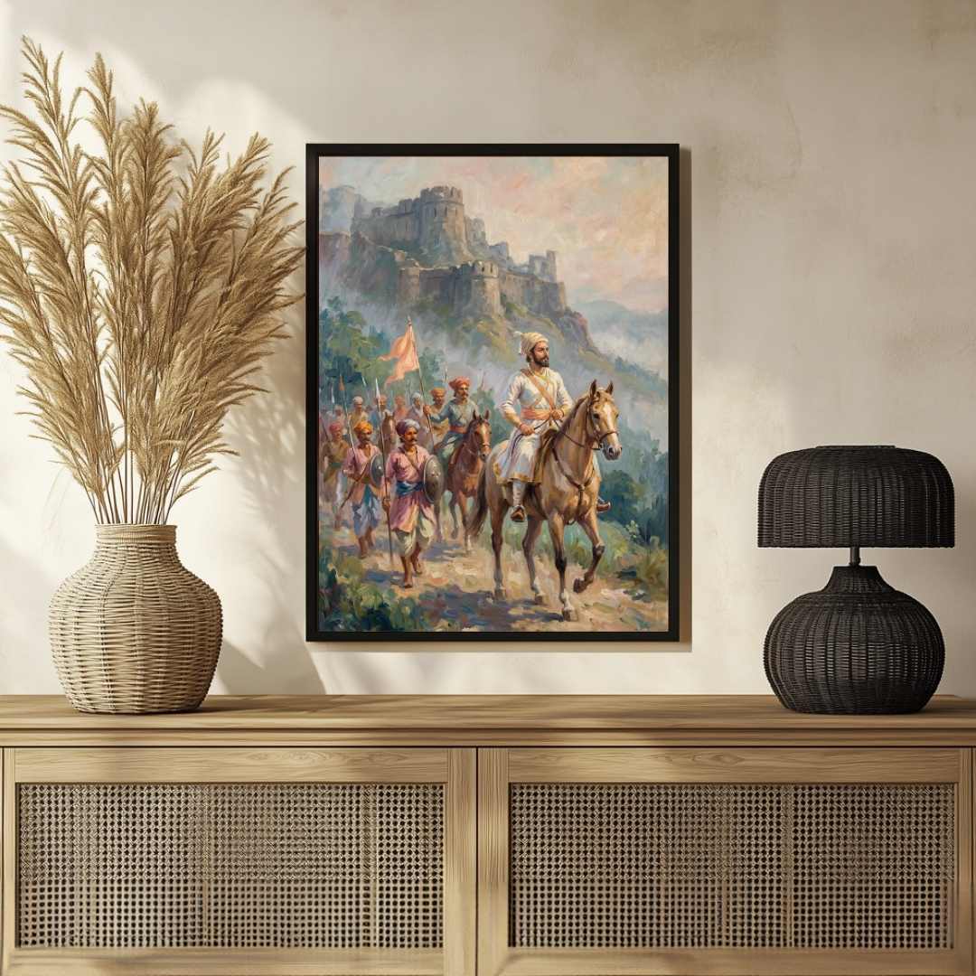 Chhatrapati Shivaji Maharaj Leading Maratha Army from Hill Fort Painting | Vertical Black Framed Wall Art 2 : 3 Vertical Premium Wall Art Canvas by MeriDeewar