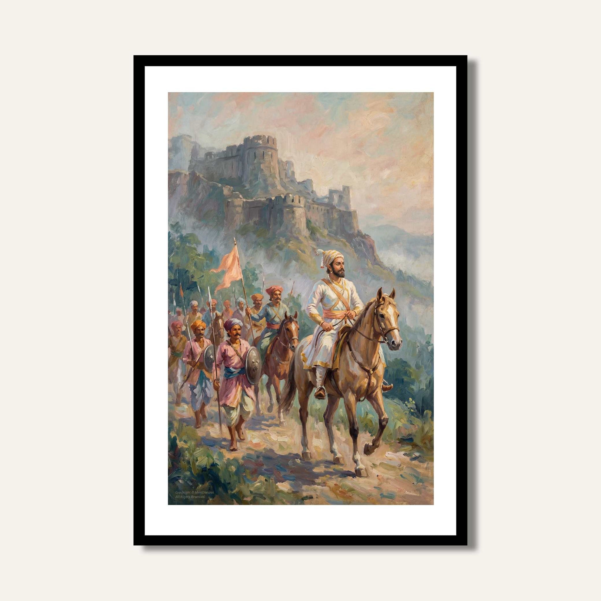 Chhatrapati Shivaji Maharaj Leading Maratha Army from Hill Fort Painting | Vertical Black Framed Wall Art 2 : 3 Vertical Premium Wall Art Canvas by MeriDeewar