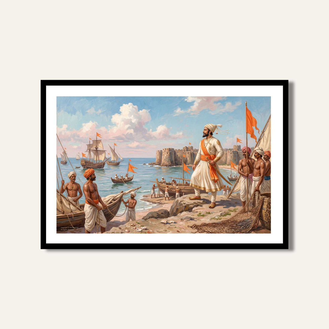 Chhatrapati Shivaji Maharaj Maratha Navy Sea Fort Painting | Horizontal Black Framed Wall Art 3 : 2 Horizontal Premium Wall Art Canvas by MeriDeewar