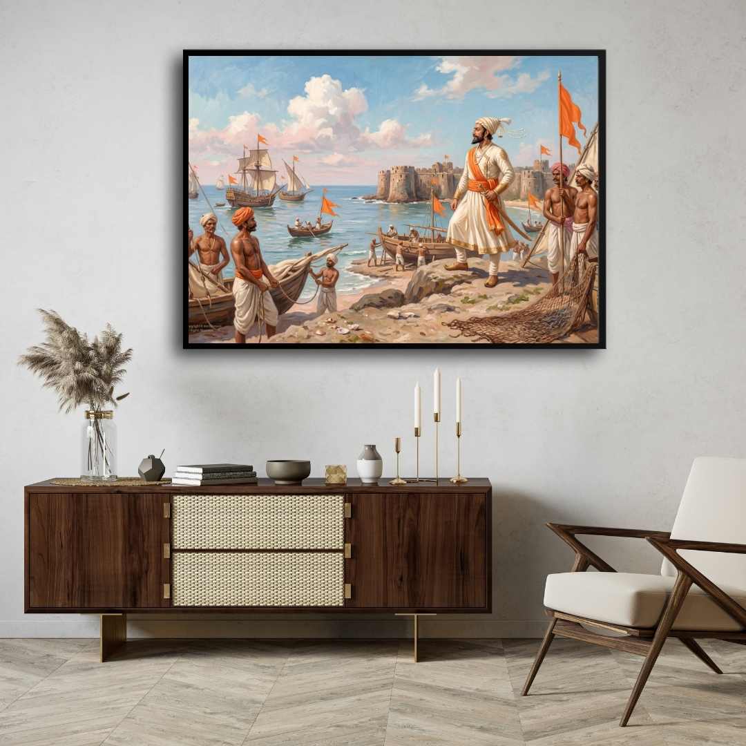 Chhatrapati Shivaji Maharaj Maratha Navy Sea Fort Painting | Horizontal Black Framed Wall Art 3 : 2 Horizontal Premium Wall Art Canvas by MeriDeewar