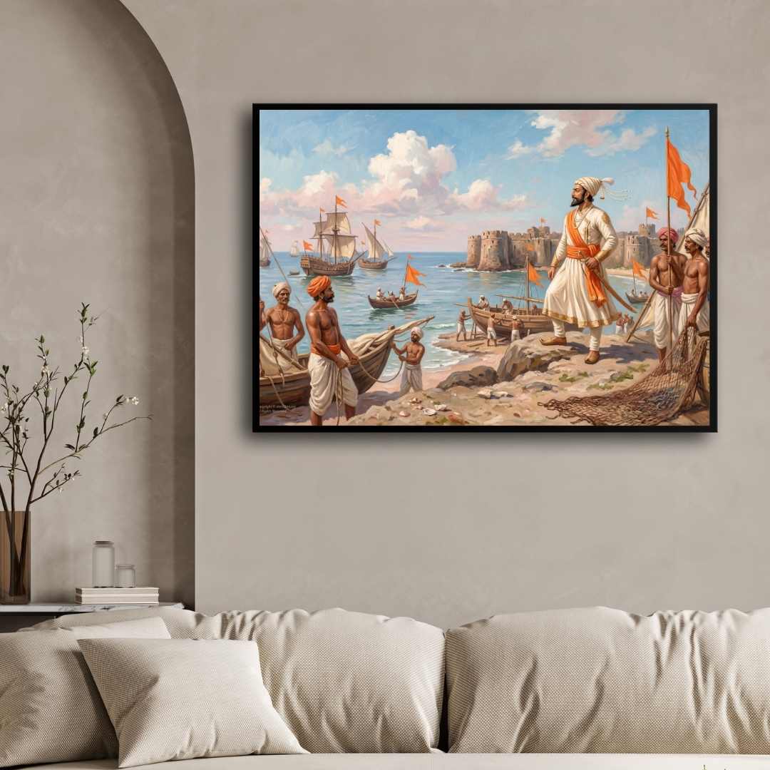Chhatrapati Shivaji Maharaj Maratha Navy Sea Fort Painting | Horizontal Black Framed Wall Art 3 : 2 Horizontal Premium Wall Art Canvas by MeriDeewar