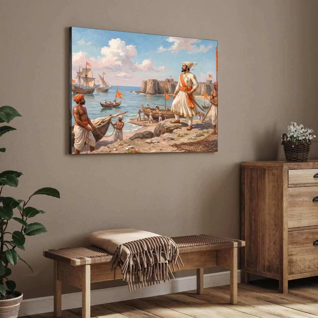 Chhatrapati Shivaji Maharaj Maratha Navy Sea Fort Painting | Horizontal Black Framed Wall Art 3 : 2 Horizontal Premium Wall Art Canvas by MeriDeewar