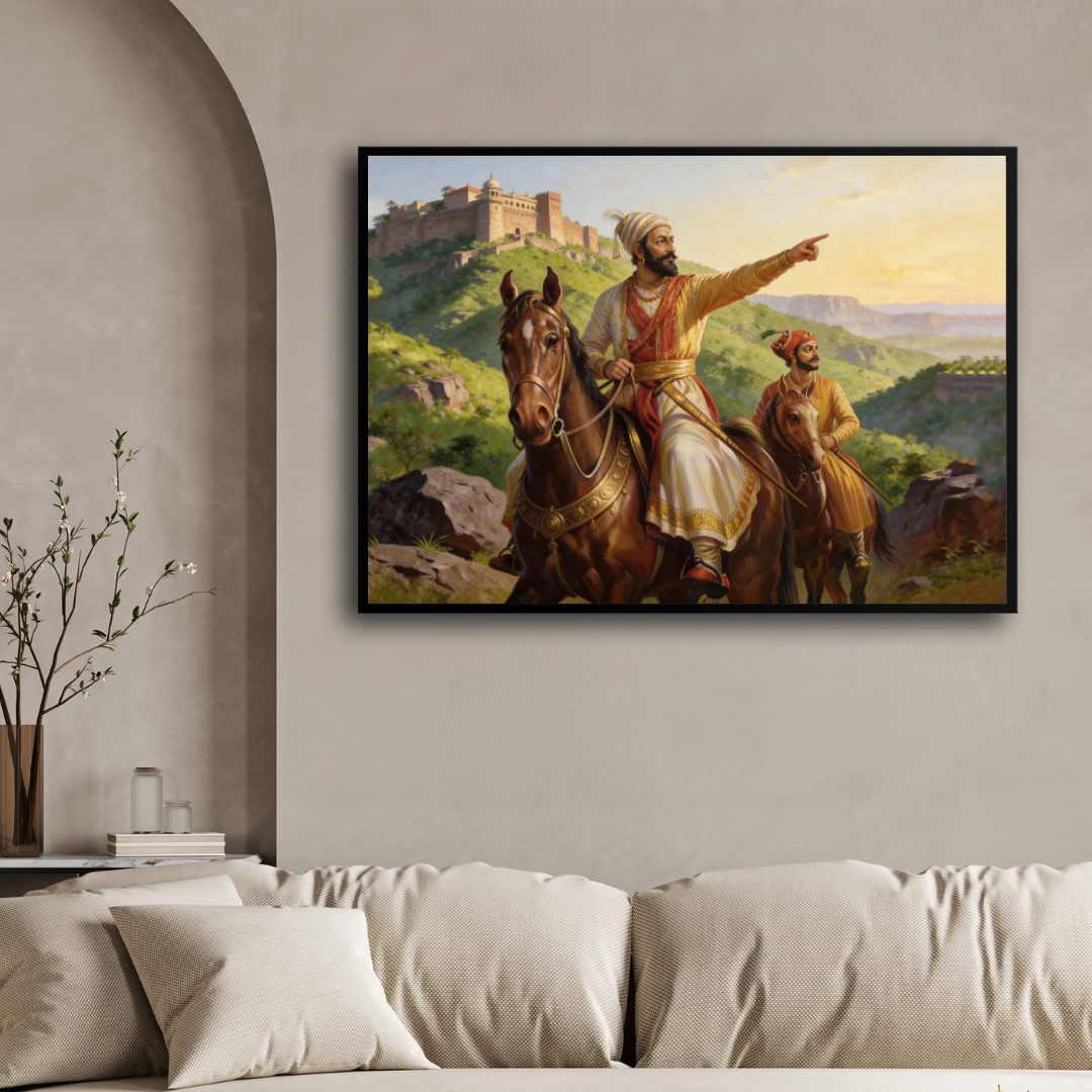 Chhatrapati Shivaji Maharaj on Horseback Wall Art | Classical Oil Painting Print 3 : 2 Horizontal Premium Wall Art Canvas by MeriDeewar