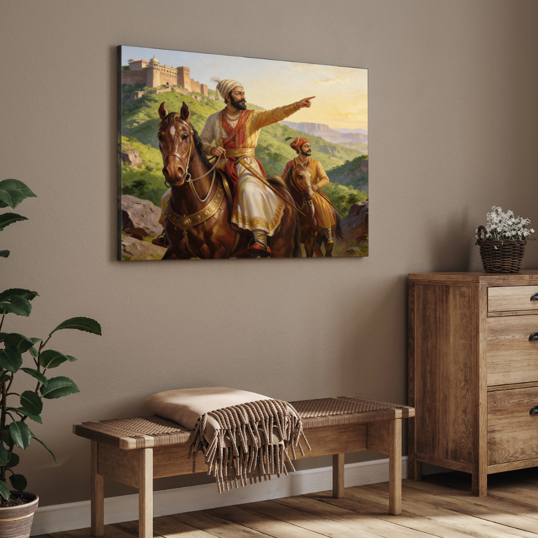 Chhatrapati Shivaji Maharaj on Horseback Wall Art | Classical Oil Painting Print 3 : 2 Horizontal Premium Wall Art Canvas by MeriDeewar