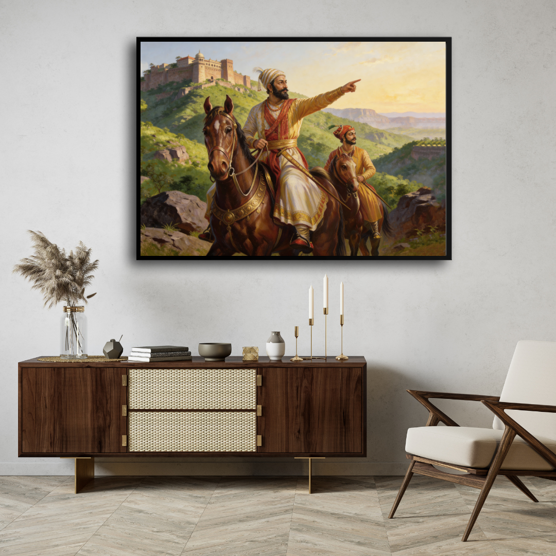 Chhatrapati Shivaji Maharaj on Horseback Wall Art | Classical Oil Painting Print 3 : 2 Horizontal Premium Wall Art Canvas by MeriDeewar