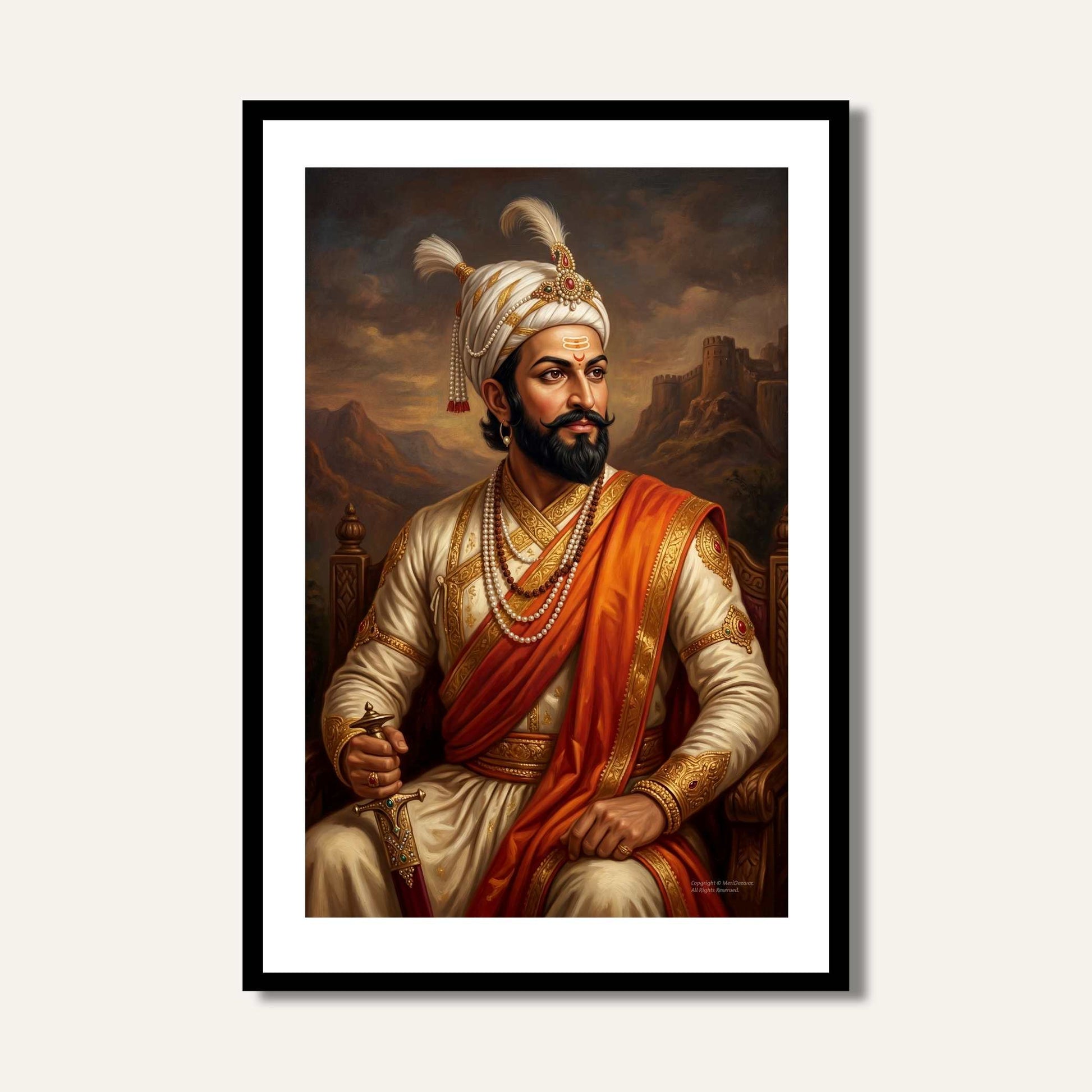 Chhatrapati Shivaji Maharaj Portrait Painting | Vertical Black Framed Wall Art 2 : 3 Vertical Premium Wall Art Canvas by MeriDeewar