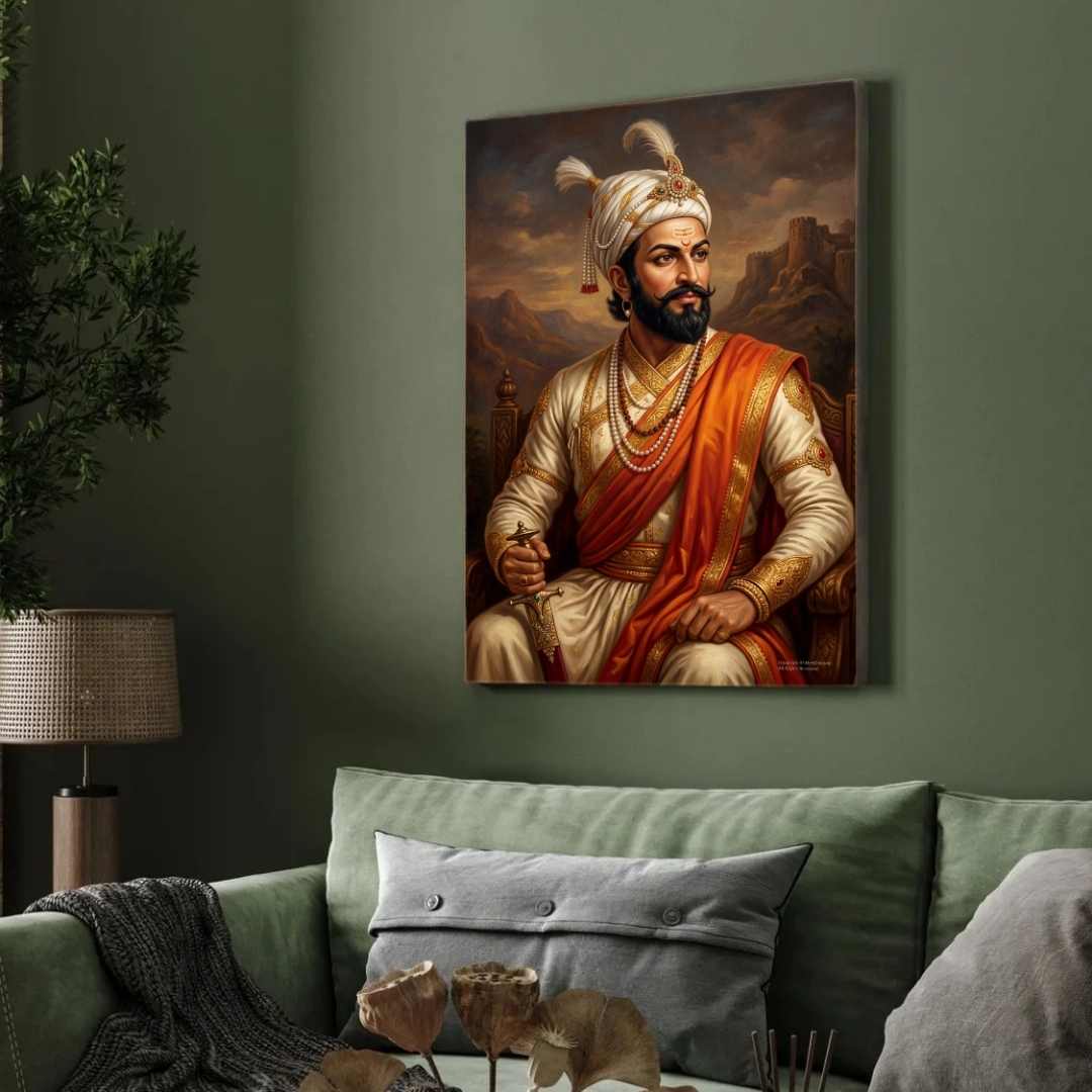 Chhatrapati Shivaji Maharaj Portrait Painting | Vertical Black Framed Wall Art 2 : 3 Vertical Premium Wall Art Canvas by MeriDeewar