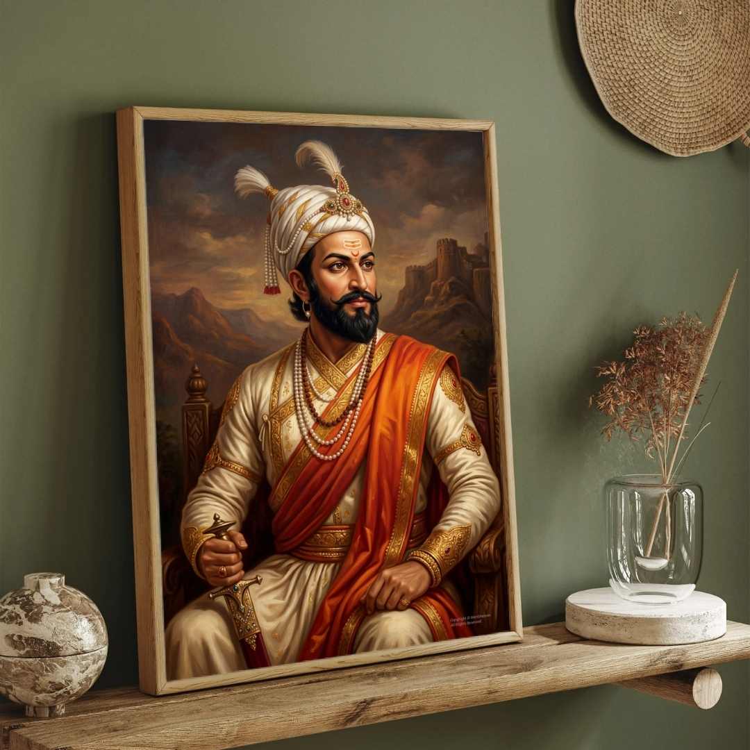 Chhatrapati Shivaji Maharaj Portrait Painting | Vertical Black Framed Wall Art 2 : 3 Vertical Premium Wall Art Canvas by MeriDeewar
